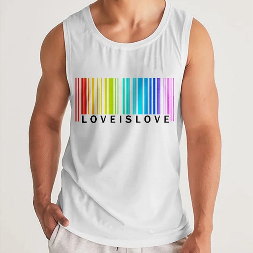 New Rainbow Striped Letter Print White Tank Top